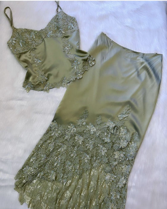 Green exquisite floral two-piece long satin prom dress evening dress party dress nv5347