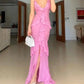 Rosa Spaghettiträger Rüschen Maxikleid Langes Partykleid Abendkleid nv2695