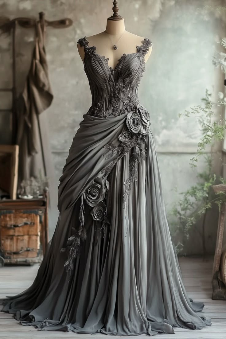 Graues, florales, elegantes, langes Ballkleid aus Feentüll, nv4841