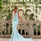 Hellblaues, schlichtes und elegantes, fließendes Kleid mit V-Ausschnitt, tiefem Ausschnitt und vielen Bändern, um Eindruck zu machen, Ballkleid, Abendkleid, Hochzeitskleid für Gäste, Partykleid nv2576