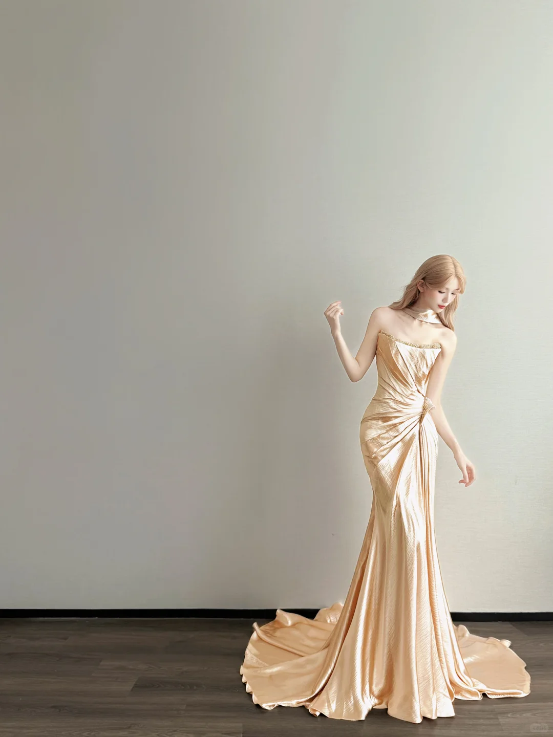Champagne Gold Satin Mermaid Prom Gown Strapless Ruched Sweep Train  NV7166
