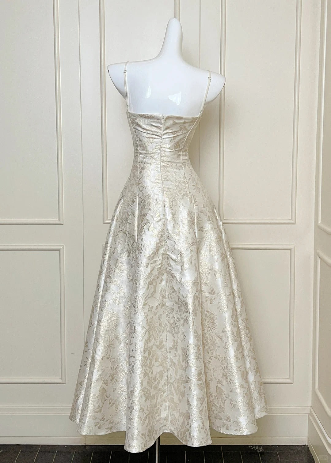 White exquisite gold floral long spaghetti strap satin prom dress nv5422