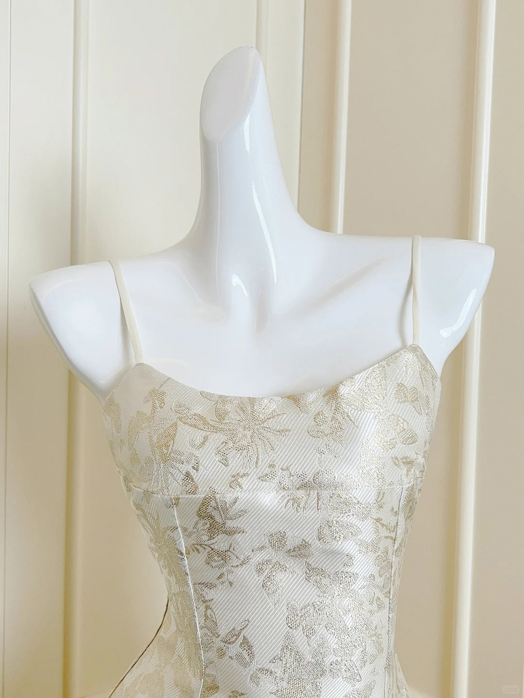 White exquisite gold floral long spaghetti strap satin prom dress nv5422