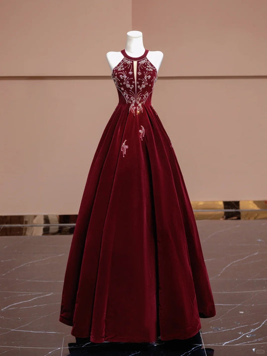 Red beaded long velvet floor-length ball gown evening dress nv5051