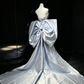 Ice Blue Strapless Mermaid Formal Gown Full Rhinestone Mesh 3D Satin Bow Long Train Evening Dress  NV6966