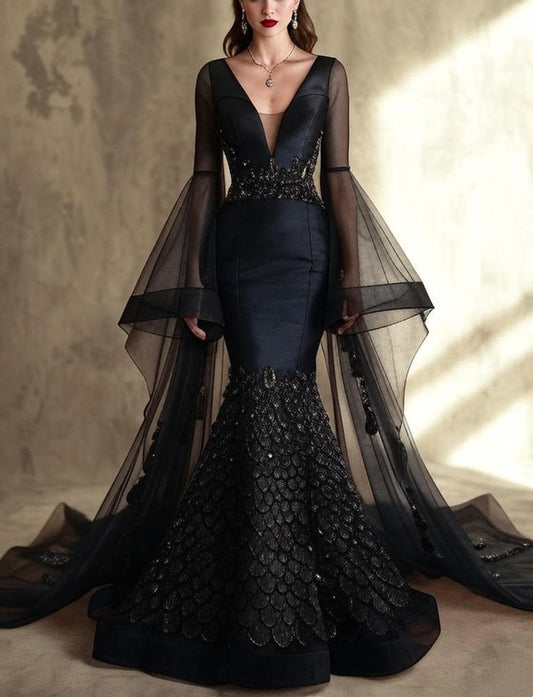 Luxury Retro Style Satin & Tulle Bell-Sleeve Fish Scale Beaded Mermaid Train Gown - High-End Dress for Dinner, Ball & Engagement Banquet NV6327