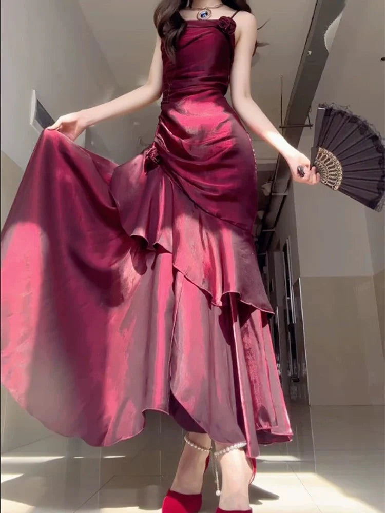 Burgundy Shiny Fashion Spaghetti Strap Long satin Ball Gown Evening Dress Party Dress nv3580