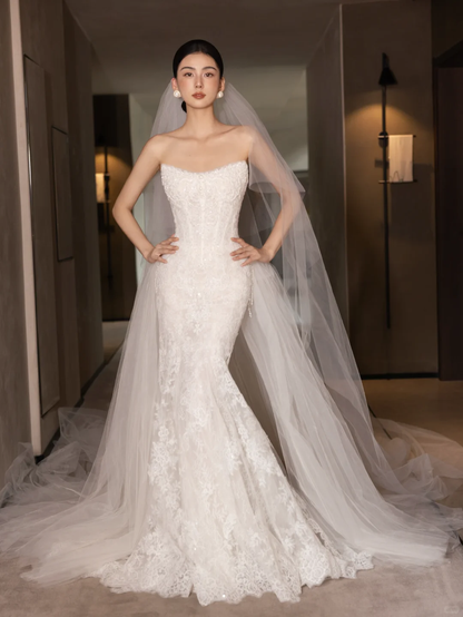 Sweetheart Strapless Lace Mermaid Wedding Dress Beaded Long Train Bridal Gown  NV7198