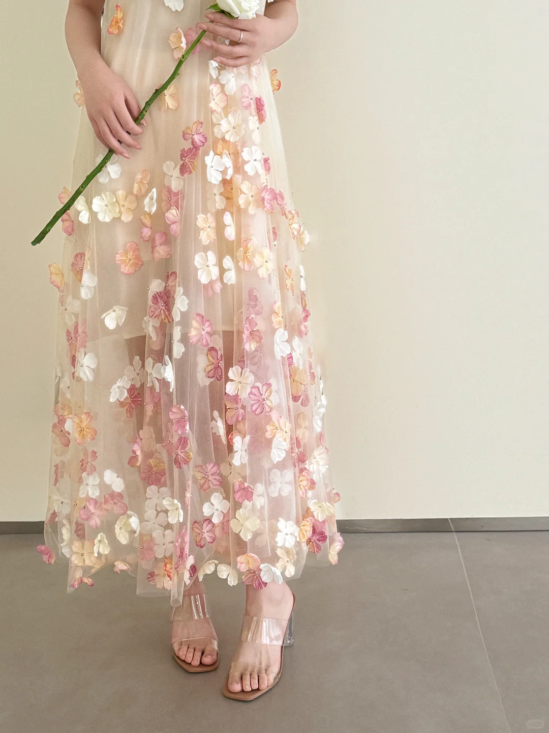 Champagne Spaghetti Strap 3D Floral Tulle Dress Flowy Evening Gown  NV7132
