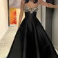 Luxury Palace Style Spaghetti Strap Beaded Gown | Black Satin Ballgown Train Maxi Dress for Red Carpet Gala Awards Ceremony High-End Social Event NV6270