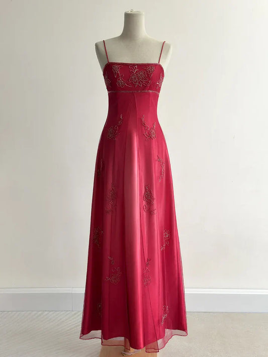 Red Fashion Elegant Exquisite Embroidery Beading Spaghetti Strap Long Tulle prom dress Evening Gown Party Dress nv3980