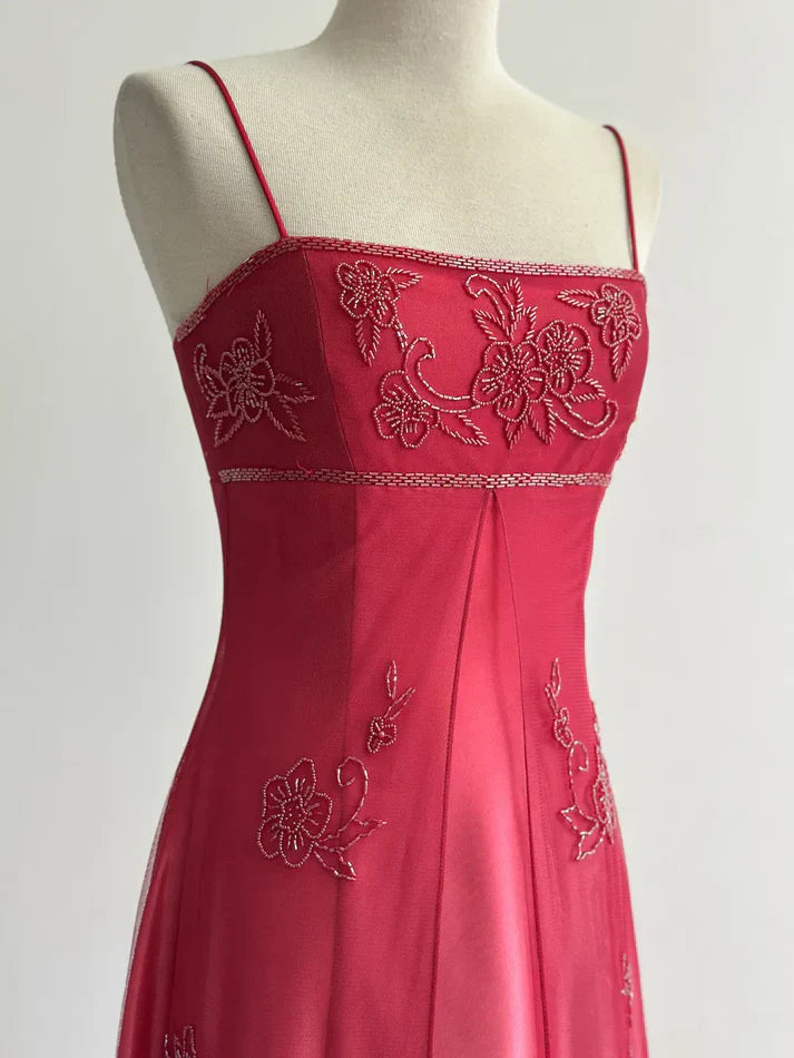 Rot Mode Elegant Exquisite Stickerei Perlen Spaghetti Strap Lange Tüll prom kleid Abendkleid Party Kleid nv3980