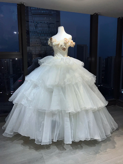 White Off Shoulder Princess Evening Gown 3D Flowers Tiered Ruffle Shimmer Organza Long Prom Dress  NV7016