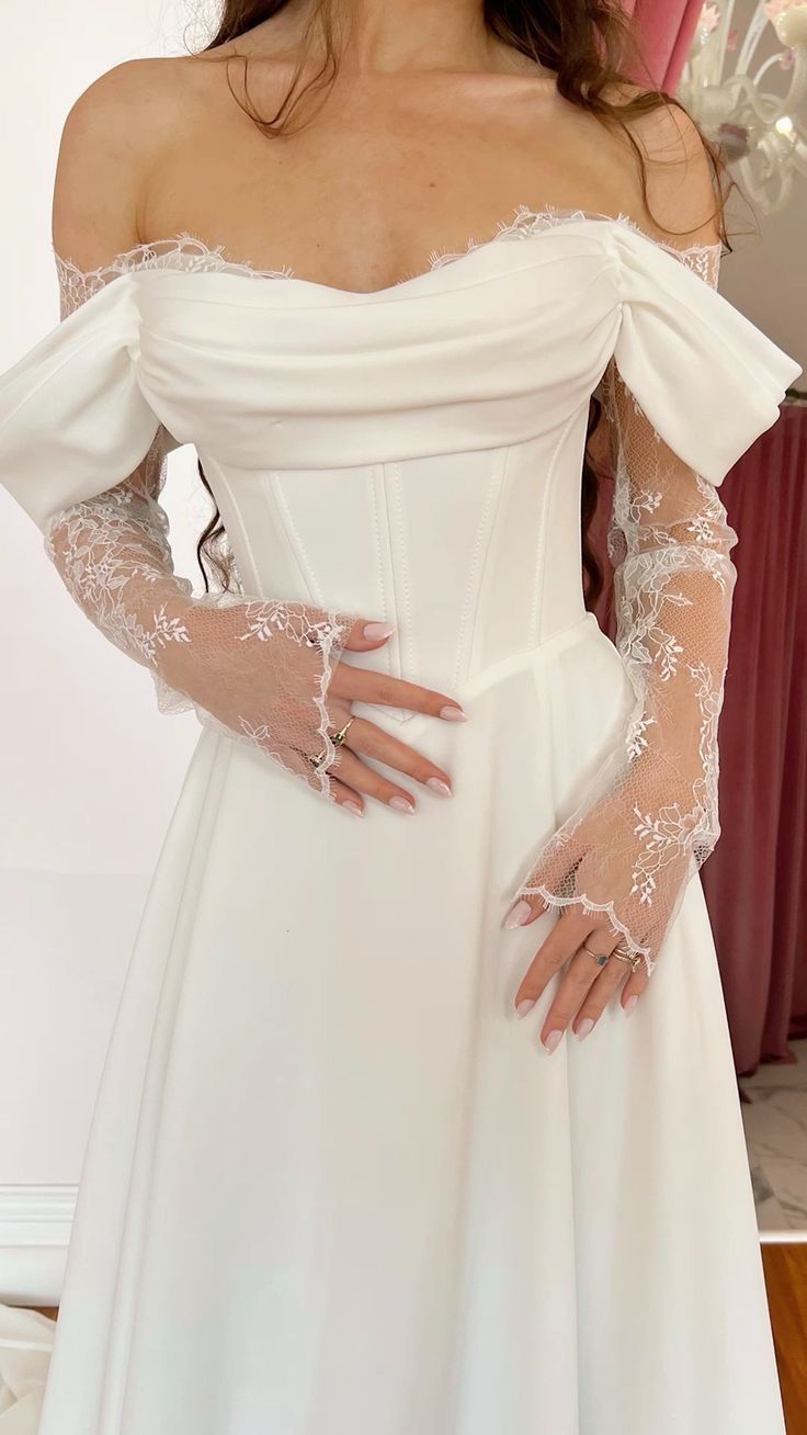 Cream Satin Off-the-Shoulder Lace Sleeve Slit Floor-Length Elegant Wedding Dress NV6232