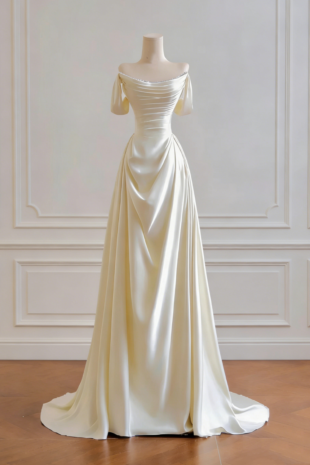 Ivory Satin Off-the-shoulder Draped Gown - Minimalist Train Evening Dress NV6764