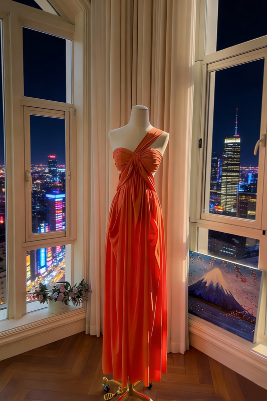 Vibrant Orange Matte One-Shoulder Twist Knot Backless Gown - Luxury Sash Draped Maxi Dress NV6783