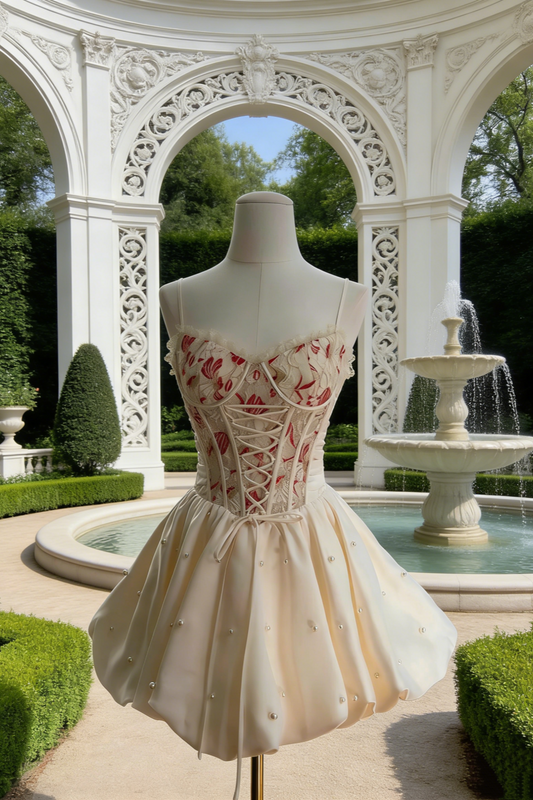 Red & White Contrast Lace Lace-Up Puff Dress - Gentle Style Birthday Party Gown  NV6788