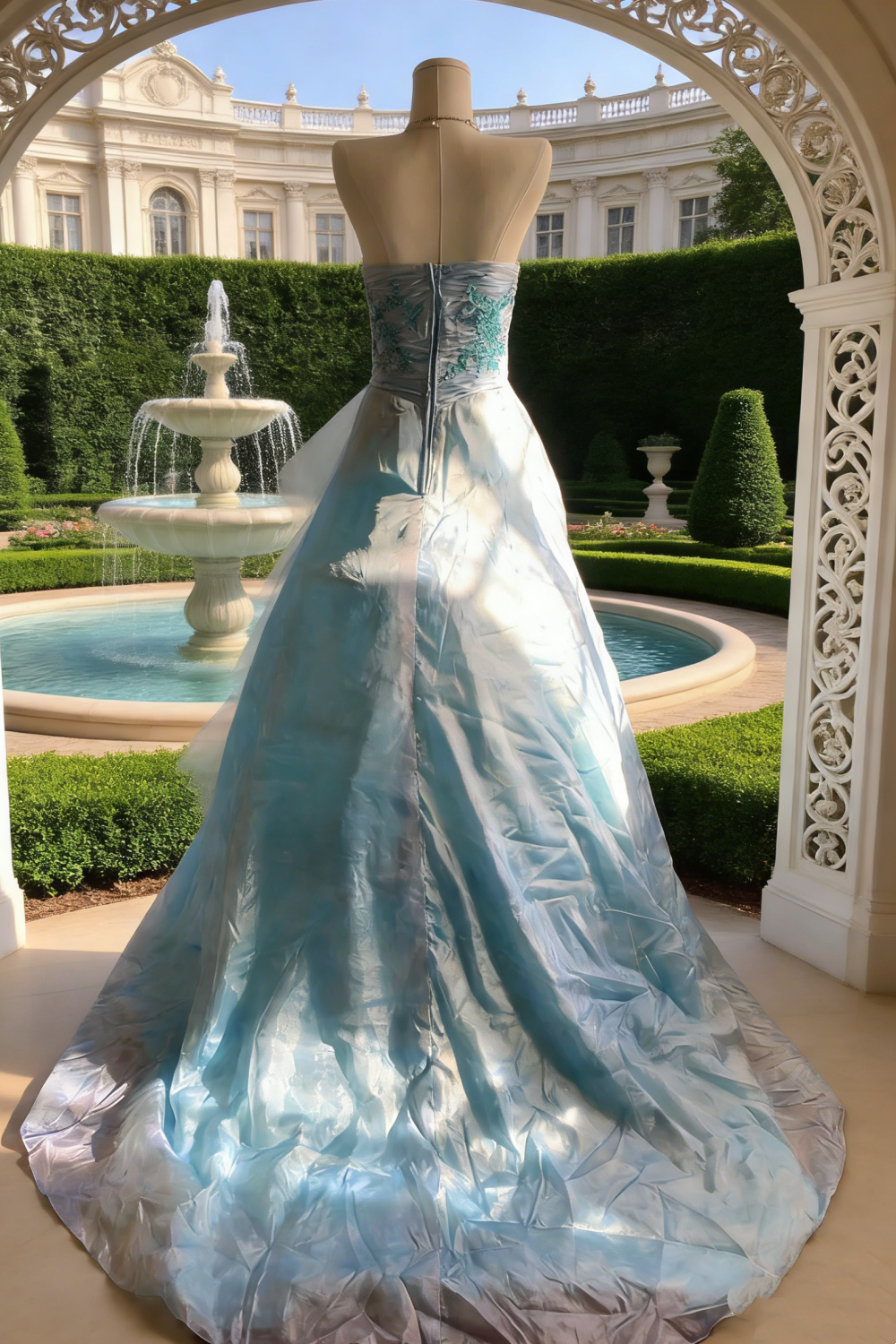 Hellblaues, trägerloses, perlenbesetztes Abendkleid mit Knoten und mehrlagiger Schleppe – Maxikleid für Abendveranstaltungen, Mottopartys und Abschlussbälle (NV6818)