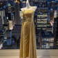 Gold Shimmer Stretch Fabric Thin Spaghetti Strap Gown - Luxury Lace-Up Sash Asymmetric Maxi Dress  NV6786