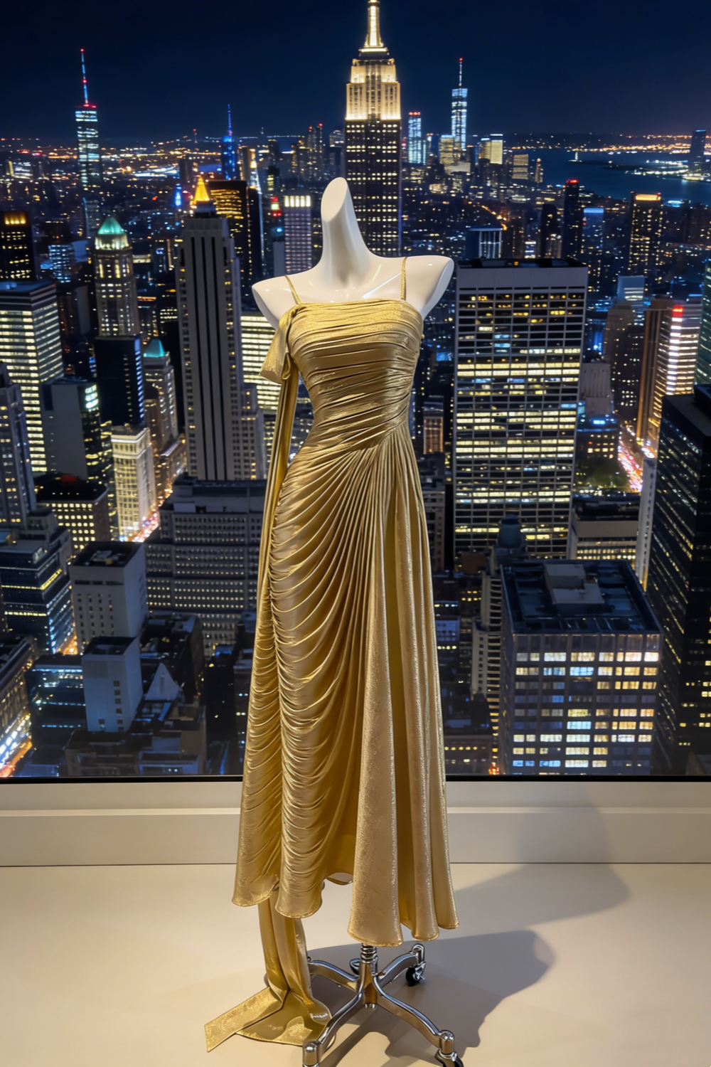 Gold Shimmer Stretch Fabric Thin Spaghetti Strap Gown - Luxury Lace-Up Sash Asymmetric Maxi Dress  NV6786