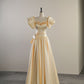 Robe de soirée longue en satin jaune, élégante et délicate, à fleurs, à manches courtes, pour anniversaire, bal, remise de diplôme, nv4008