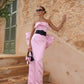 Rosa Satin Trägerloses Langes Ballkleid Abendkleid mit Schleife nv2738