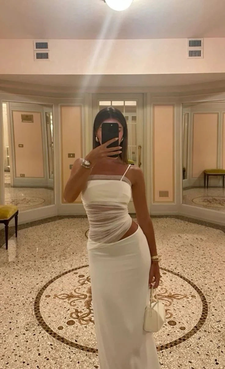 Weißes Tüll einfache Spaghettiträger langes Ballkleid Abendkleid Partykleid nv2713