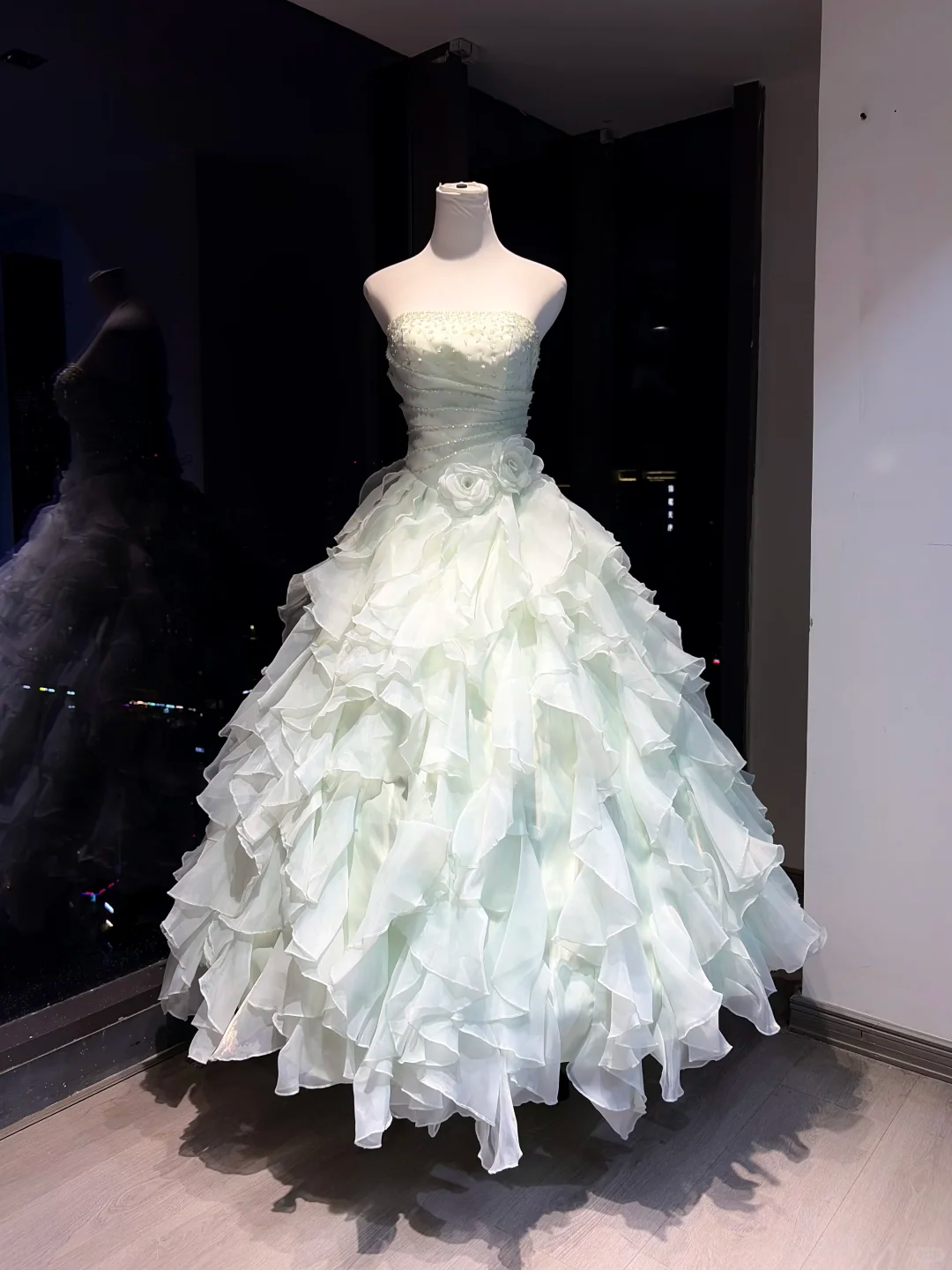 Light Mint Strapless Ball Gown Beaded Ruched 3D Rose Ruffle Organza Formal Dress  NV6960