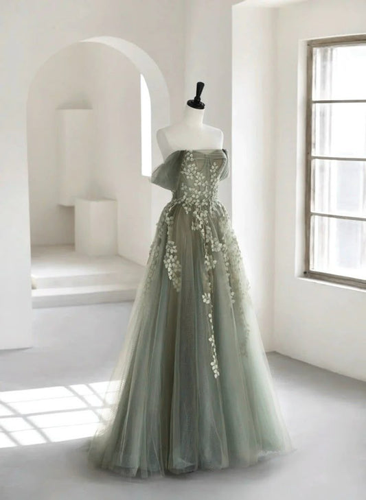 Gray Green Exquisite Floral Elegant Fashion Long Tulle Ball Gown Evening Dress Birthday Party Dress Prom Dress nv3843