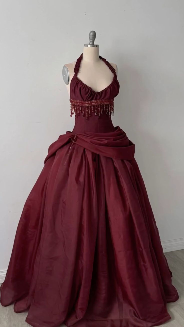 Halter Sleeveless Burgundy Satin Maxi Dress Luxury Elegant Tassel Waist Ball Gown for Gala Ball NV6299