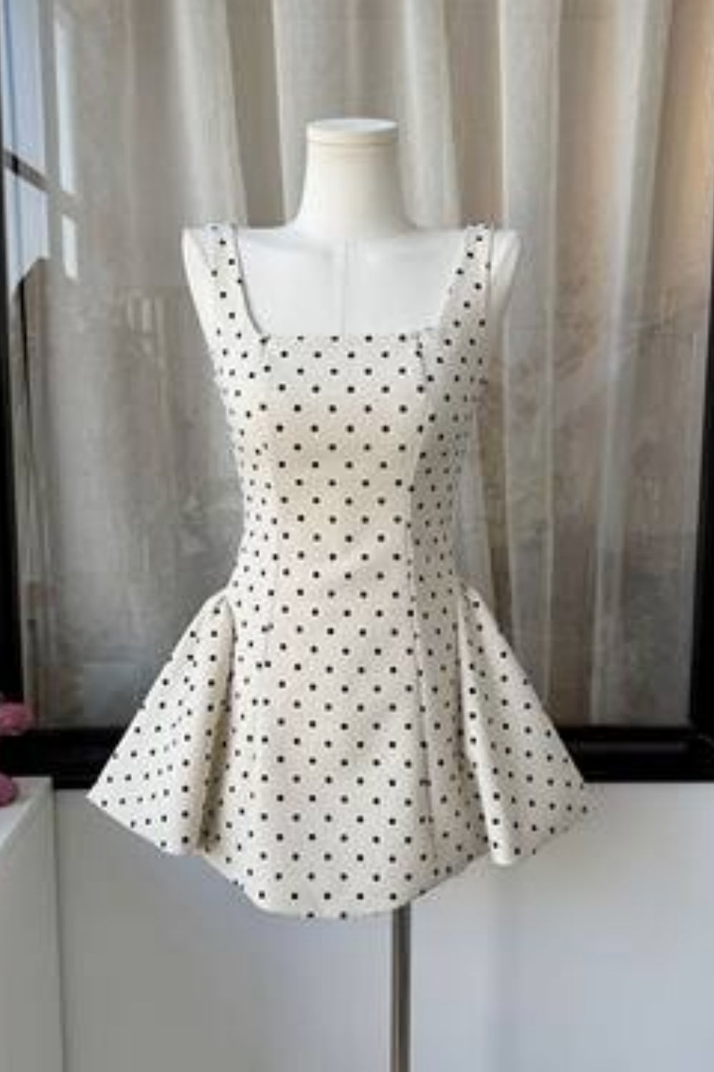 Beige Polka Dot Spaghetti Strap Mini Dress - Square Neck Back Bow Party/Date/Light Evening Dress NV6809