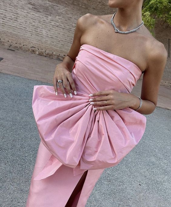 Robe longue en satin rose élégante, simple et unique, avec nœud, longue fente, robe de soirée, nv2735