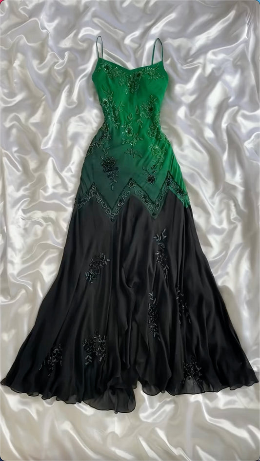 Green shiny fashion exquisite beading spaghetti straps long chiffon ball gown evening dress party dress nv3577