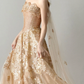 Champagne Strapless Ball Gown Gold Floral Tulle Prom Dress With Streamer  NV7113
