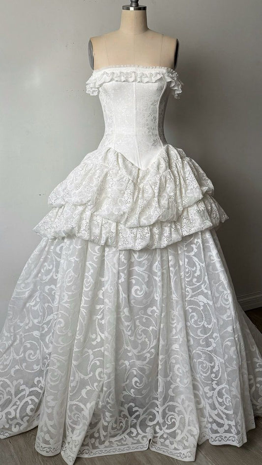 NiceVestidos--Lace Off - The - Shoulder Multi - Layered Ruffled Maxi Prom Dress NV5763