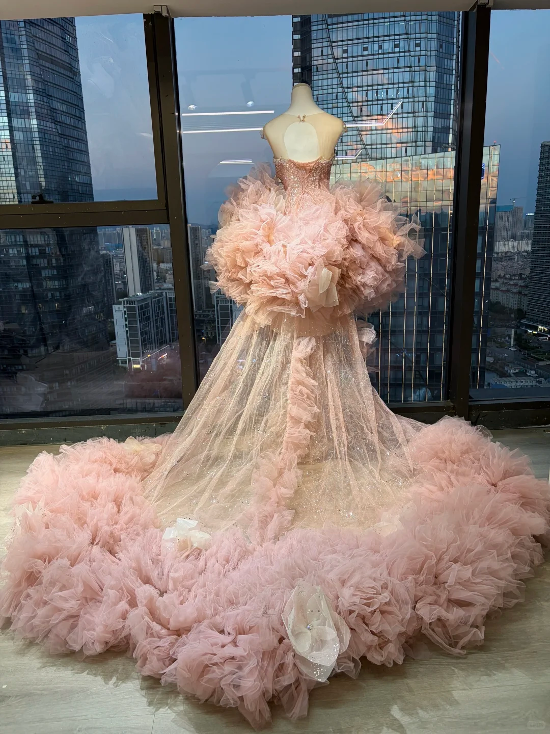 Blush Pink Strapless Mermaid Evening Gown Hand Beaded Rhinestone Sequin 3D Floral Ruffle Tulle Long Prom Dress  NV7013