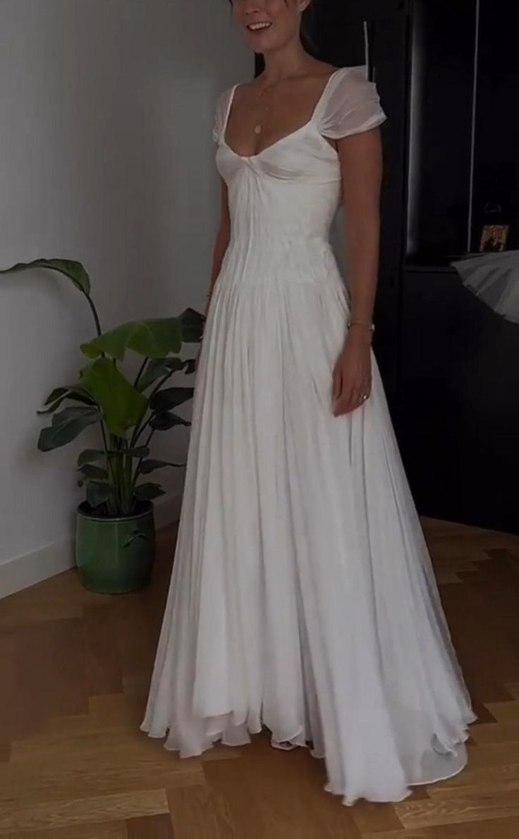 White Solid Pretty Charming Long Chiffon A-Line Floor Length Train Ball Gown Evening Dress Wedding Bridesmaid Dresses prom dress nv3825