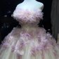 White Ombre Lavender Strapless Tulle Ball Gown, Corset Dress with 3D Gradient Floral Petals & Feather Trim  NV7097