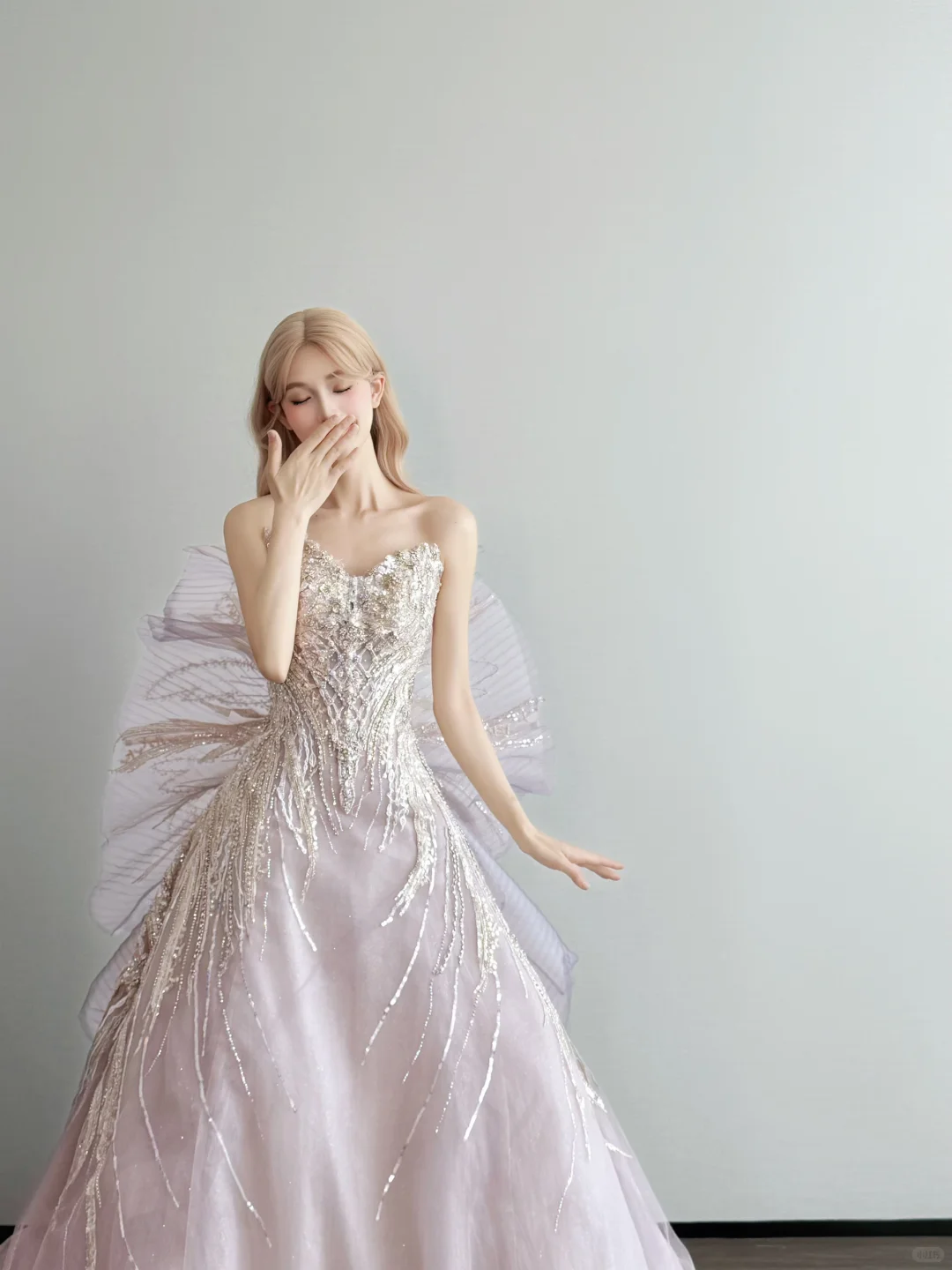 Light Lavender Strapless Prom Gown Beaded Tassel Sequin Big 3D Tulle Bow A Line Sparkly Evening Dress  NV7162