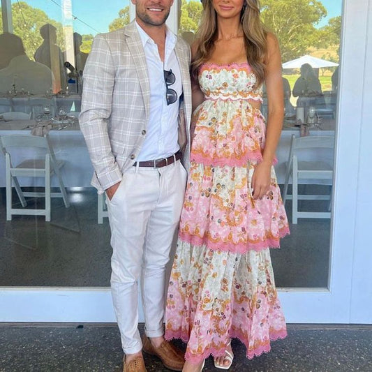 A-Linie Blumendruck Neckholder Langes Ballkleid Stufenkleid Formales Partykleid Maxikleid nv2675