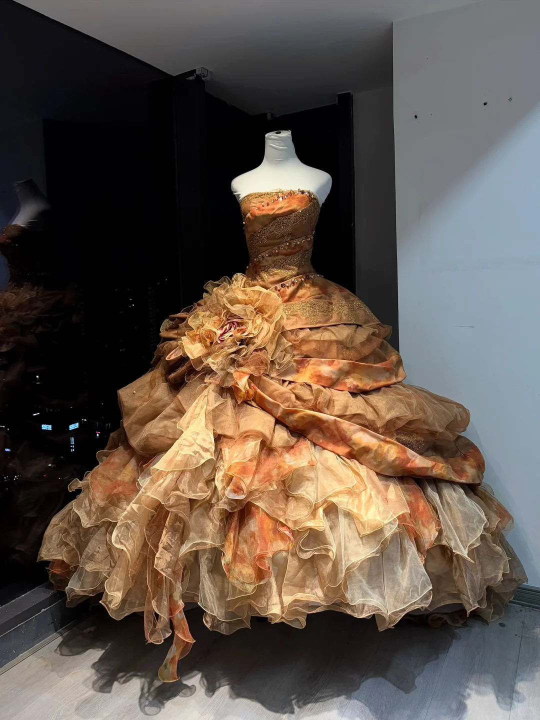 Caramel Orange Strapless Ball Gown Lace Beaded Corset Ombre Ruffle Tulle 3D Floral Prom Dress  NV6948