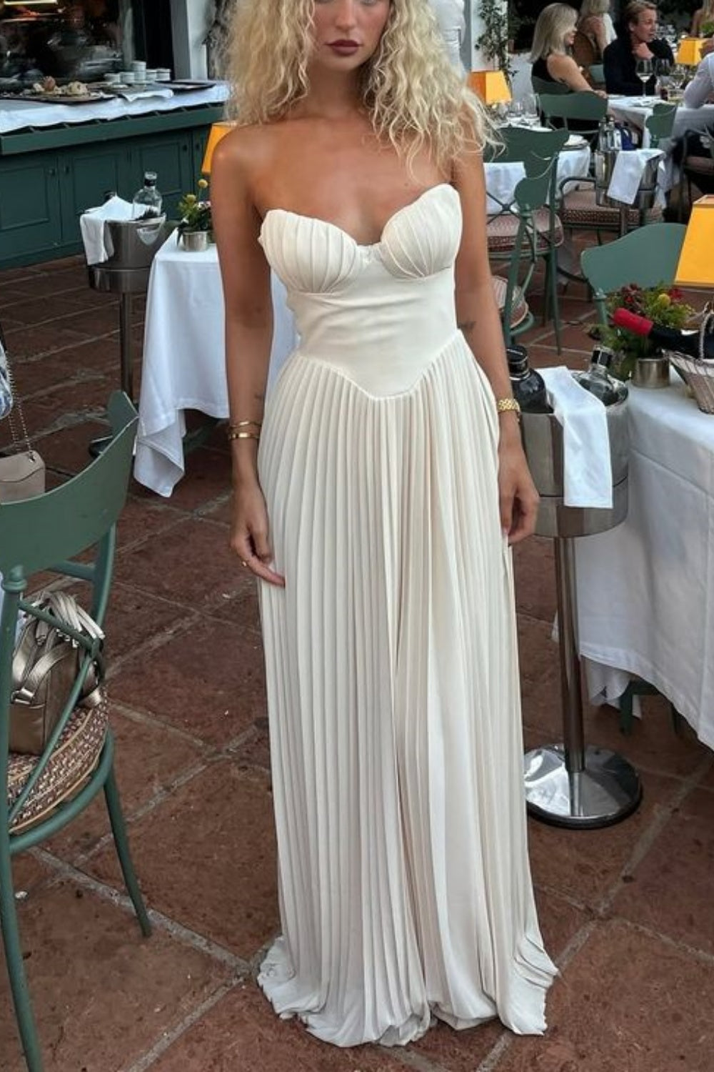 Bridesmaid Dresses French Elegant Style Strapless Sleeveless Gown | Beige Pleated Satin Maxi Dress for Outdoor Gala Luxury Party Garden Social Event NV6267