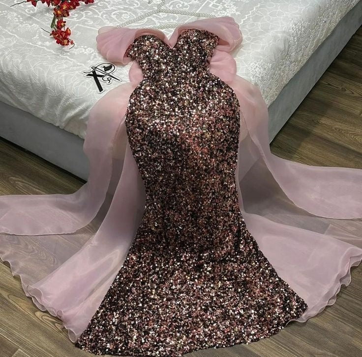 Robe de soirée longue élégante en tulle à paillettes brillantes et magnifiques rose clair/rose foncé nv3171