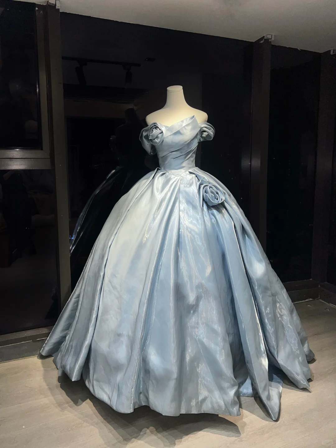Ice Blue Satin Long Evening Gown Off The Shoulder Puffy Ball Gown with 3D Roses Prom Dress  NV7067