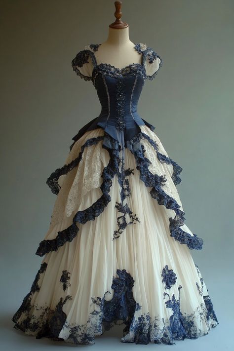 Retro Luxury Style Navy-White Contrast Lace Ballgown - Victorian Theme Dinner & Ball Dress NV6392