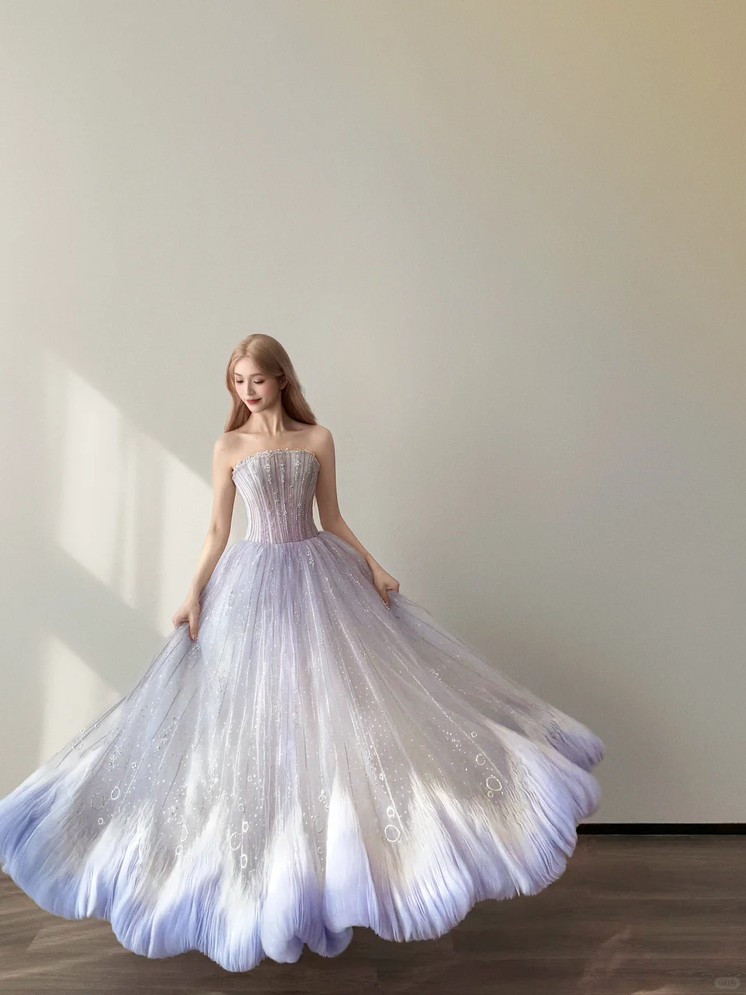Strapless Ombre Purple Blue Prom Gown Boned Bodice Sparkle Tulle Cloud Hem A Line Evening Dress  NV7149