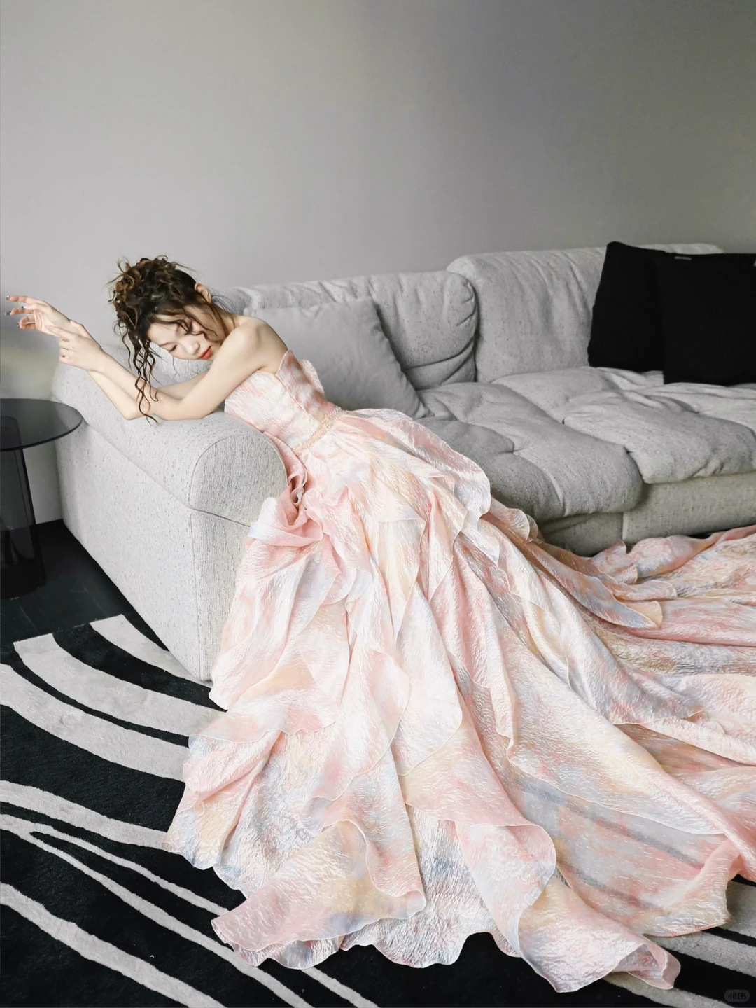 Pink Strapless Ombre Ruffle Prom Gown Watercolor Print Cutout Waist  NV7184