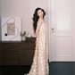 Champagne 3D Floral Sheer Tulle Fairy Evening Gown  NV7304