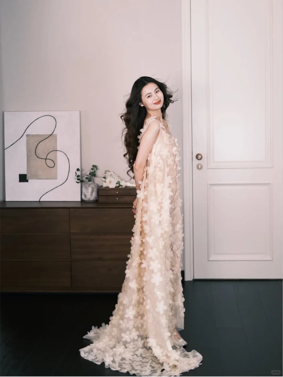 Champagne 3D Floral Sheer Tulle Fairy Evening Gown  NV7304