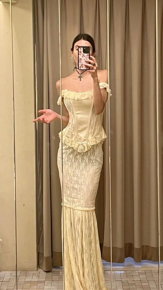 Yellow Elegant Fashion Long Vintage Lace Ball Gown Evening Dress Party Dress nv4163